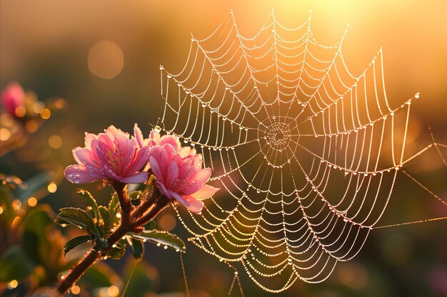 Una intricata rete di ragno luccicante di gocce di rugiada alla luce del sole che mostra modelli delicati