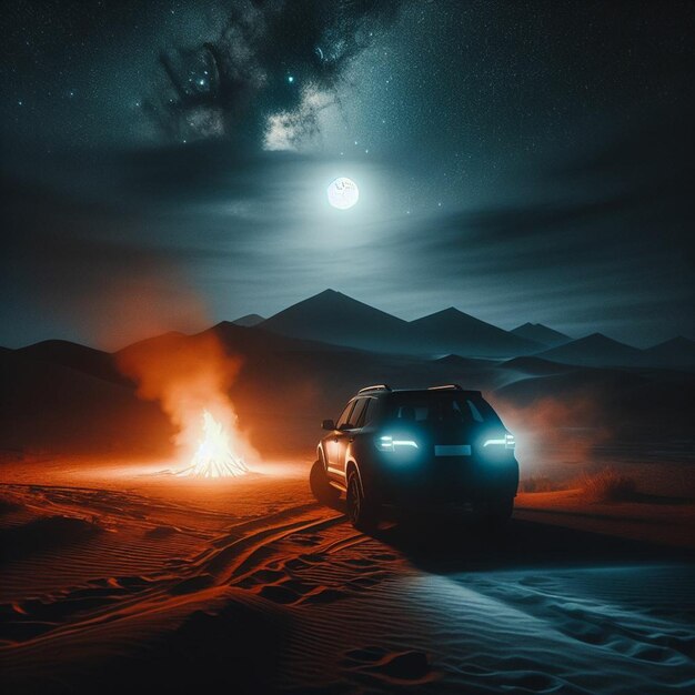 una jeep attraversa il deserto con una luna piena sullo sfondo