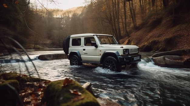 Una jeep bianca attraversa un fiume.