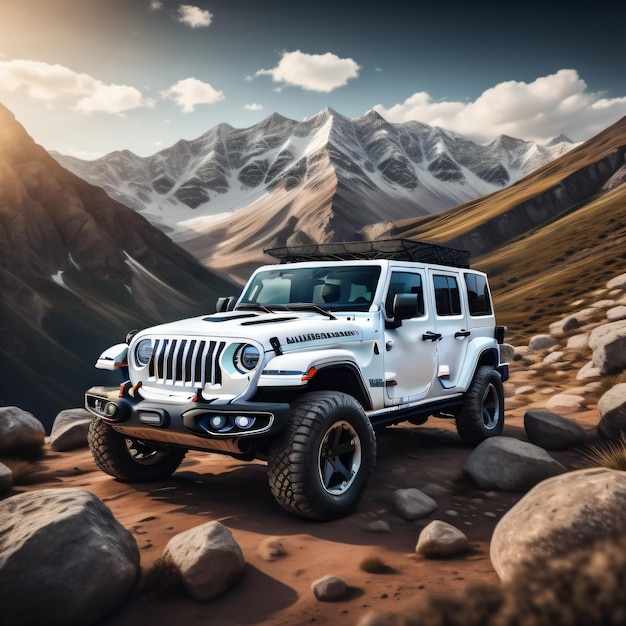 Una jeep bianca con paraurti nero e adesivo per paraurti è parcheggiata in un paesaggio montano.