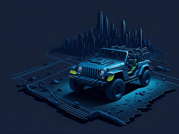 Una jeep blu con una luce blu in alto.