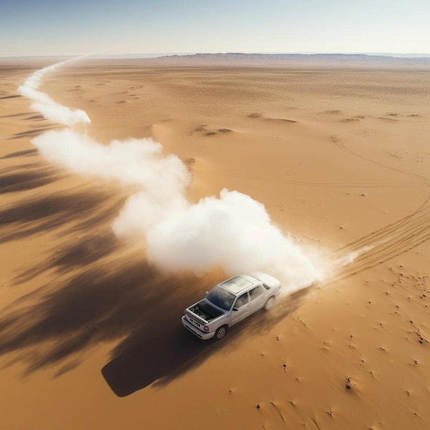 una jeep che guida attraverso il deserto con una scia di acqua dietro di essa