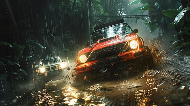 Una jeep che si schianta nella giungla.