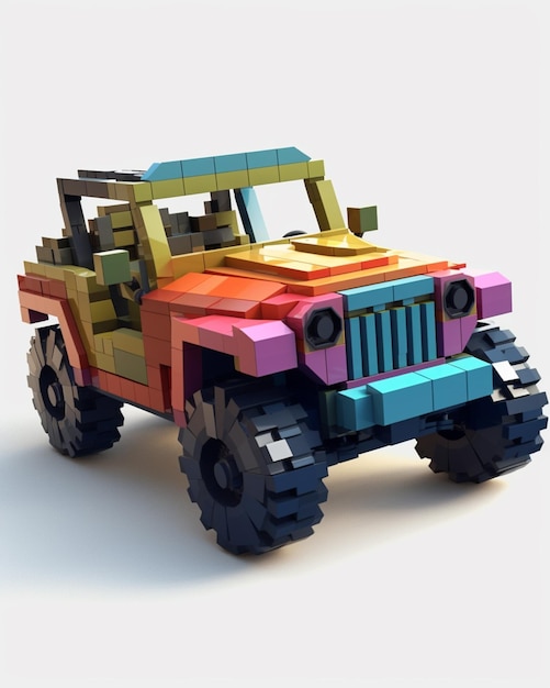 Una jeep lego con la parte anteriore color arcobaleno.