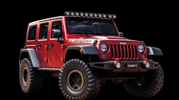Una jeep rossa con la parola wrangler sul davanti.