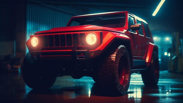 Una jeep rossa è parcheggiata in un garage con le luci accese.