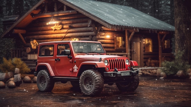 Una jeep rossa parcheggiata fuori da una capanna di tronchi