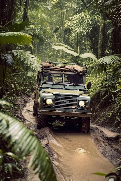 Una Jeep Safari nella giungla nella foresta fangosa fuori strada