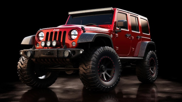 Una jeep wrangler rossa con la parola jeep sulla parte anteriore.