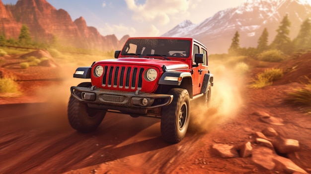 Una jeep wrangler rossa guida attraverso un deserto.