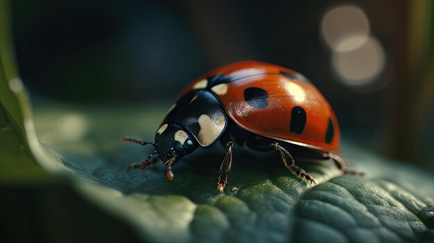 una ladybug che striscia su una foglia nella foresta