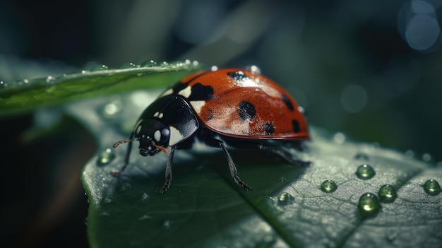 una ladybug che striscia su una foglia nella foresta