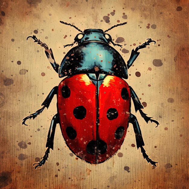 una ladybug con una faccia rossa su uno sfondo marrone