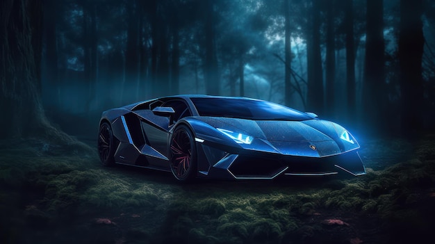 Una lamborghini blu in un bosco con le luci accese.