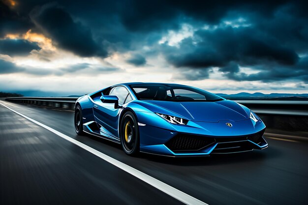 Una lamborghini blu sulla strada con un cielo nuvoloso sullo sfondo