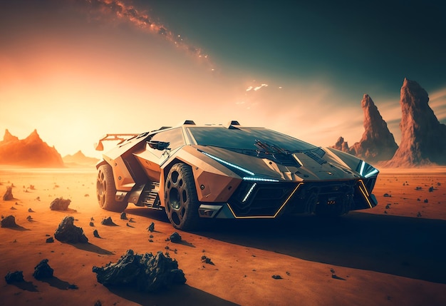 Una lamborghini è nel deserto con il sole che tramonta.