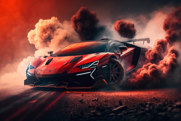 Una lamborghini rossa guida in una nuvola di fumo.