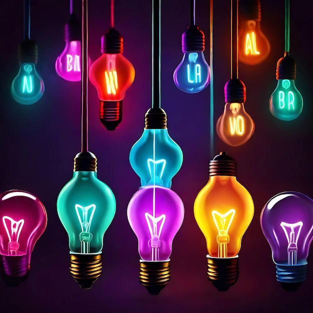 una lampada a lampadina colorata luminosa idea visualizzazione di brainstorming idea brillante e AI creativa