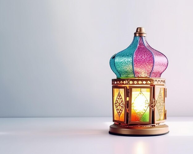 Una lampada colorata con una luce sopra che dice "ramadan".