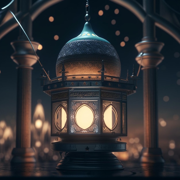 Una lampada con le luci su di essa moschea ramadan kareem con la luna
