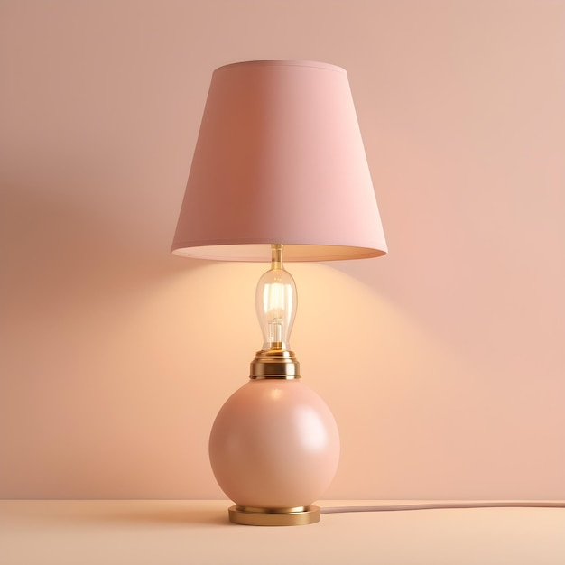 una lampada con un'ombra rosa e una base d'oro è su un tavolo