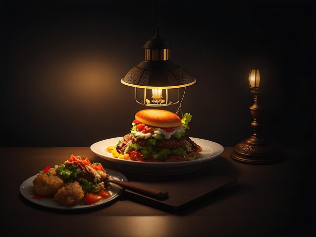 Una lampada con un piatto di cibo iftar del Ramadan su di esso sfocatura luce scura Ai Generato