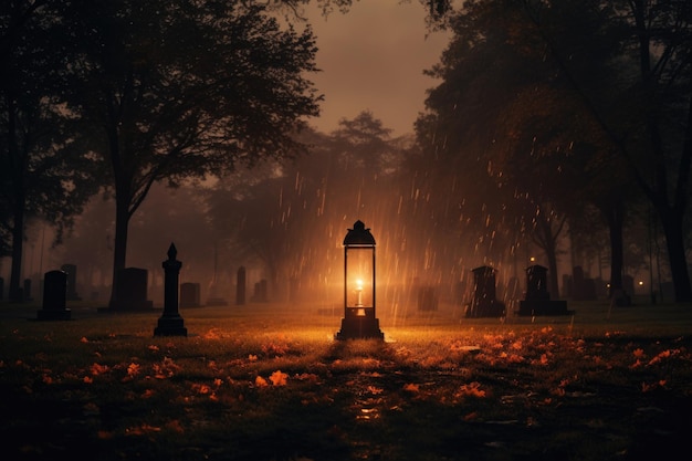 Una lampada con una candela di notte sotto la pioggia