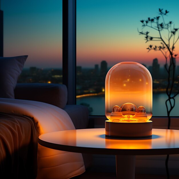 Una lampada da notte elegante e luminosa sul tavolo della stanza