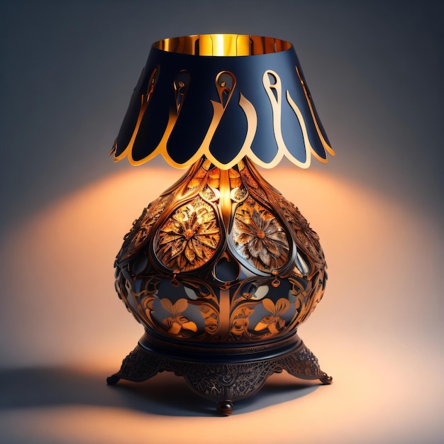 Una lampada di design sul tavolo con sfondo scuro lampada decorativa con luce dorata