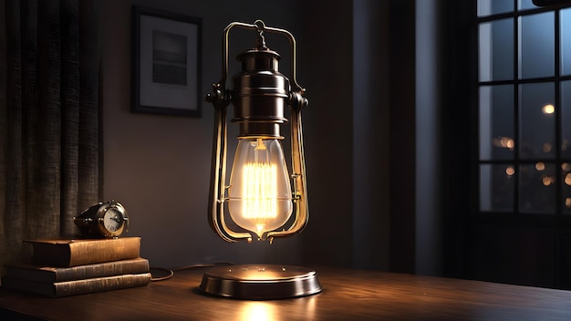 Una lampada Edison elegante su un tavolo in una stanza accogliente e buia