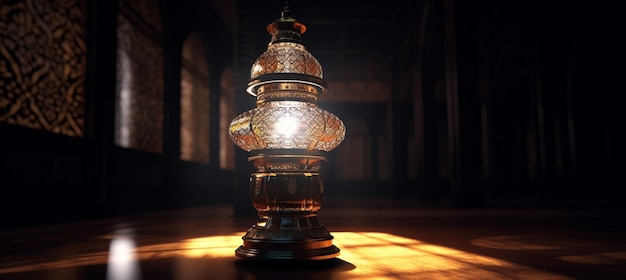 Una lampada in una moschea con la luce che brilla attraverso di essa