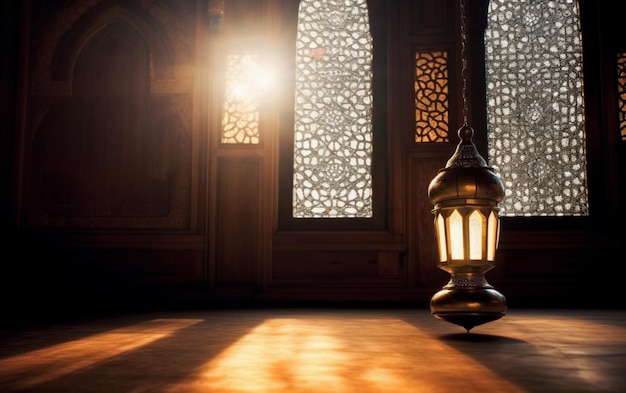 Una lampada in una moschea con la luce che brilla attraverso di essa