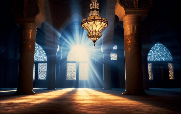 Una lampada in una moschea con la luce che brilla attraverso di essa