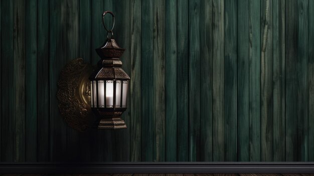 Una lampada in una stanza buia con una parete verde dietro.