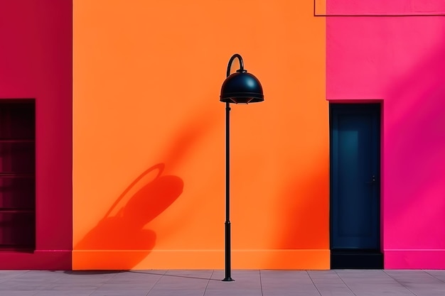 Una lampada nera si trova di fronte a un muro arancione brillante.