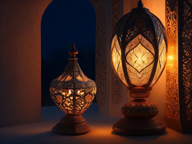 Una lampada ramadan con un motivo di luci nell'oscurità