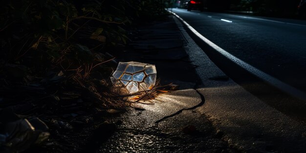 Una lampada rotta abbandonata sul ciglio di una strada