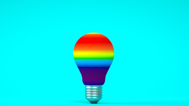 Una lampadina colorata arcobaleno è su uno sfondo blu