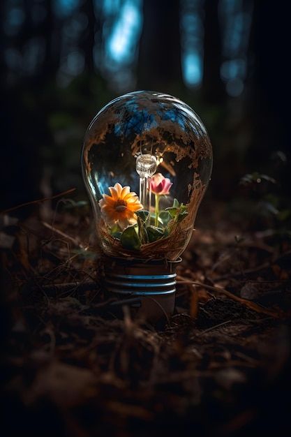 Una lampadina con dei fiori all'interno