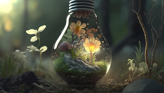Una lampadina con dentro una pianta e dentro una foresta.