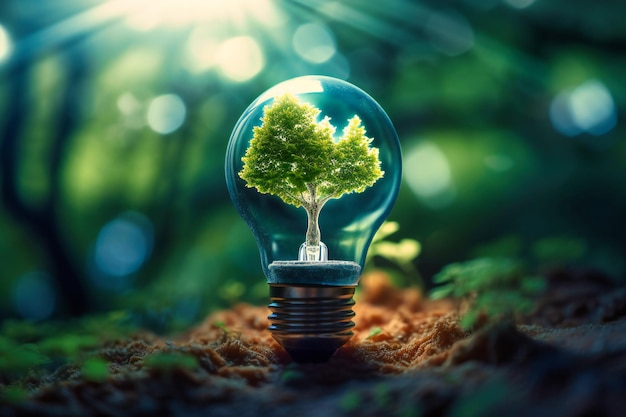 Una lampadina con un albero verde all'interno simboleggia l'importanza delle energie rinnovabili e della sostenibilità