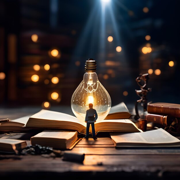 una lampadina con una figura su di essa si siede su un libro con una stella su di essa