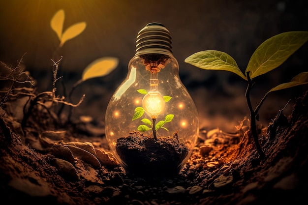 Una lampadina con una piccola pianta alla luce del sole Nozione di conservazione dell'energia in natura Green Energy Concept Generative AI