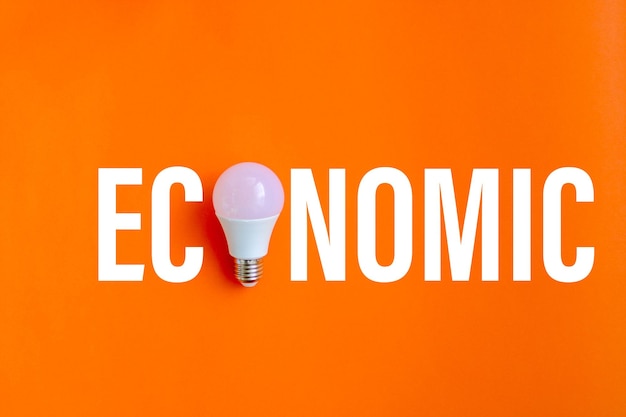 Una lampadina è posta su uno sfondo arancione con la parola economica.