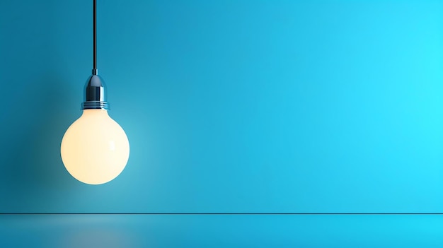 Una lampadina luminosa appesa a un cordone su uno sfondo blu con un pavimento lucido che riflette la luce