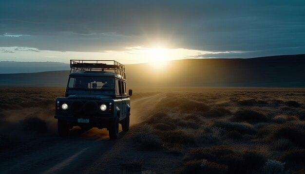 Una Land Rover che percorre una strada con il sole che tramonta dietro di essa.