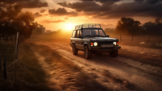 Una Land Rover sta guidando su una strada sterrata al tramonto.