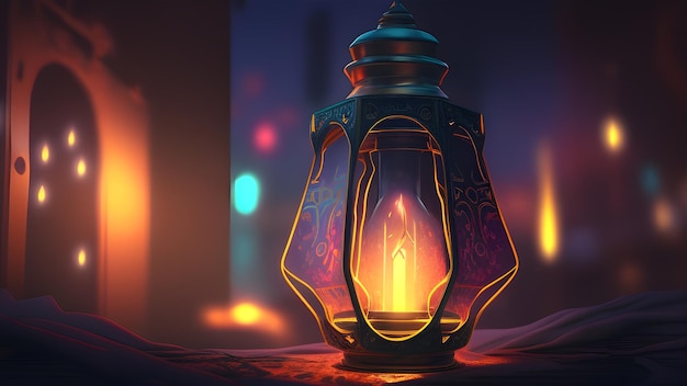 Una lanterna accesa con sopra la parola ramadan