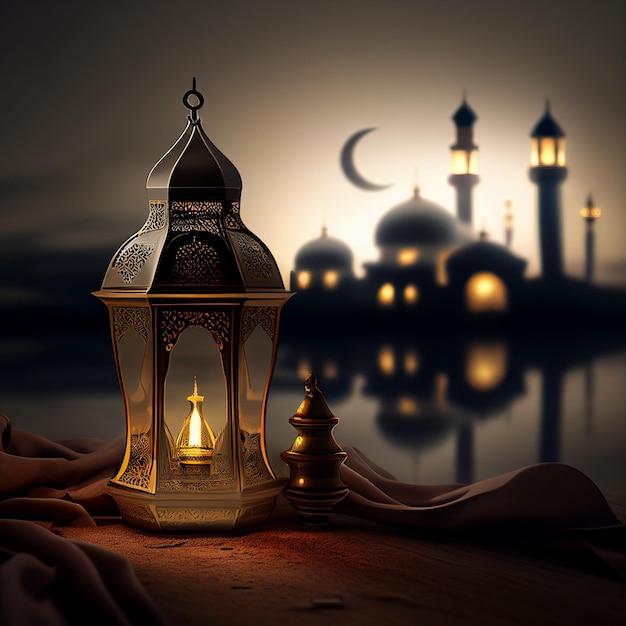 Una lanterna accesa con una luna sullo sfondo e una moschea sullo sfondo