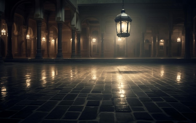 Una lanterna al centro del cortile di una moschea islamica con un pavimento di cemento che riflette la nebbia